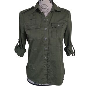 Material Girl 100% cotton Olive green military button down top roll up sleeves